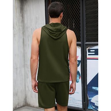 Men's Short Sets 2 Piece Outfits Summer Hooded Sleeveless Athletic Tank Tops Drawstring Gym Running