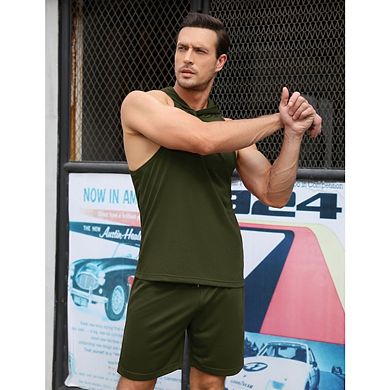Men's Short Sets 2 Piece Outfits Summer Hooded Sleeveless Athletic Tank Tops Drawstring Gym Running