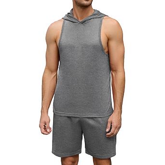 Men's Short Sets 2 pc Outfits Summer Hooded Sleeveless Athletic Tank Tops Drawstring Gym Running