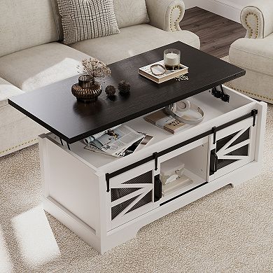 Farmhouse Lift Top Coffee Table with Sliding Barn Doors and Hidden Compartment
