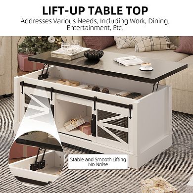Farmhouse Lift Top Coffee Table with Sliding Barn Doors and Hidden Compartment