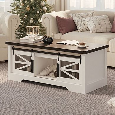 Farmhouse Lift Top Coffee Table with Sliding Barn Doors and Hidden Compartment