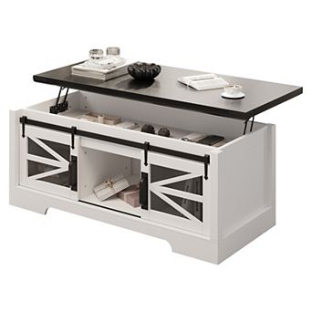 Farmhouse Lift Top Coffee Table with Sliding Barn Doors and Hidden Compartment