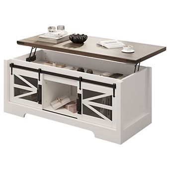 Farmhouse Lift Top Coffee Table with Sliding Barn Doors and Hidden Compartment