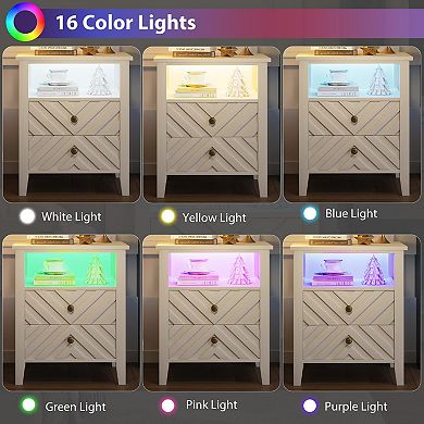 Rustic LED Nightstand, Wood Frame, Open Shelf, 2 Drawers for Bedroom & Living Room