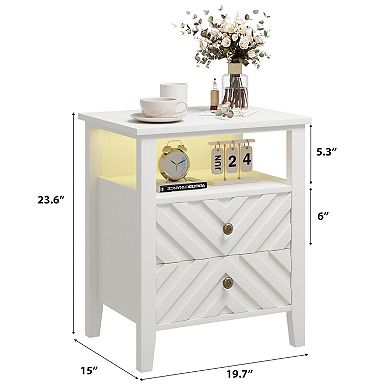 Rustic LED Nightstand, Wood Frame, Open Shelf, 2 Drawers for Bedroom & Living Room
