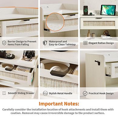 2-Pack Boho Rattan Nightstand, Type-C Charging Port, Drawer & Open Shelf for Bedroom, Office