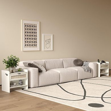 2-Pack Boho Rattan Nightstand, Type-C Charging Port, Drawer & Open Shelf for Bedroom, Office