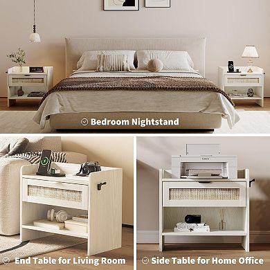 2-Pack Boho Rattan Nightstand, Type-C Charging Port, Drawer & Open Shelf for Bedroom, Office