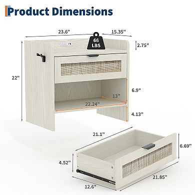 2-Pack Boho Rattan Nightstand, Type-C Charging Port, Drawer & Open Shelf for Bedroom, Office
