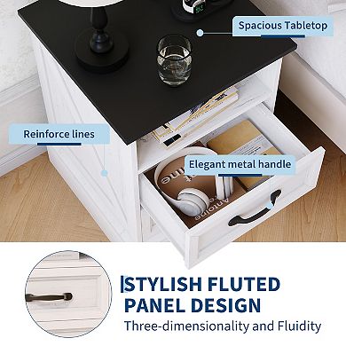 Rustic Wooden Nightstand 2-Pack, 2 Drawers, Open Shelf, USB & AC Outlets for Bedroom Living Room
