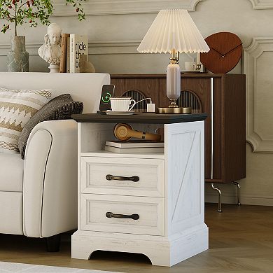 Rustic Wooden Nightstand 2-Pack, 2 Drawers, Open Shelf, USB & AC Outlets for Bedroom Living Room