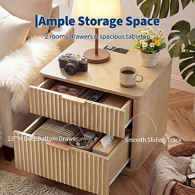 Medieval 2-Tier Hollow Nightstand, 2 Drawers with Metal Handles & Charging Station
