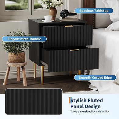 2-Pack Patterned Wood Nightstand, USB & Outlet, 2 Drawers, Modern Side Table for Bedroom Living Room