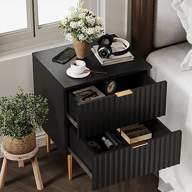 2-Pack Patterned Wood Nightstand, USB & Outlet, 2 Drawers, Modern Side Table for Bedroom Living Room