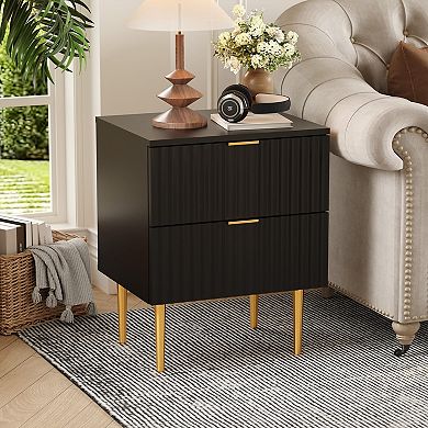 2-Pack Patterned Wood Nightstand, USB & Outlet, 2 Drawers, Modern Side Table for Bedroom Living Room