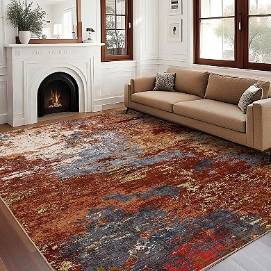 Abstract Rug, Slip TPR Backing Washable Rug, Soft Non Shedding Floor Cover, Low Pile Foldable Mat