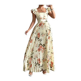 Women's Floral Print Maxi Dress Square Neck Ruffle Sleeve Pleated Waist Formal Long Dress