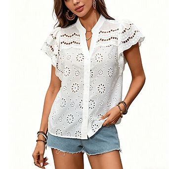 Women's Eyelet Embroidered Blouse Ruffle Sleeve Button-Down Casual Top