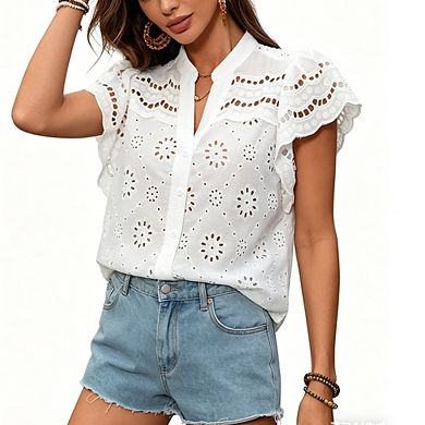 Women's Eyelet Embroidered Blouse Ruffle Sleeve Button-Down Casual Top