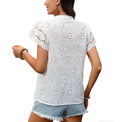 Women's Eyelet Embroidered Blouse Ruffle Sleeve Button-Down Casual Top