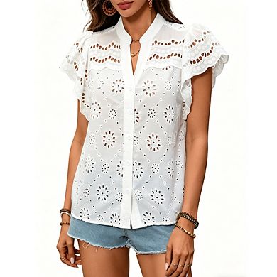 Women's Eyelet Embroidered Blouse Ruffle Sleeve Button-Down Casual Top