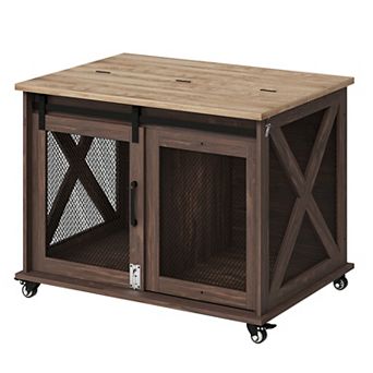 37 Inch Wooden Dog Crate Furniture, Sliding Barn Door, Wheels & Swivel Top for Small Medium Dogs