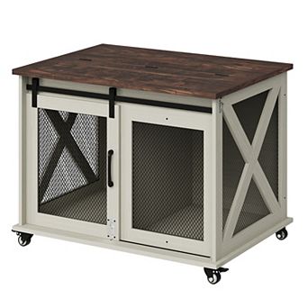 37 Inch Wooden Dog Crate Furniture, Sliding Barn Door, Wheels & Swivel Top for Small Medium Dogs