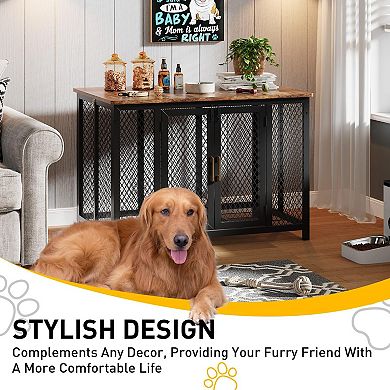 47 Inch Dog Crate Side Table, 2 Doors & Latches, Sturdy Metal Kennel for Small Medium Large Dogs