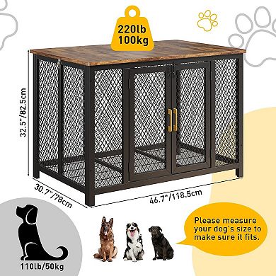 47 Inch Dog Crate Side Table, 2 Doors & Latches, Sturdy Metal Kennel for Small Medium Large Dogs