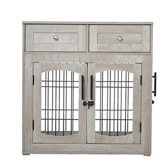 Wooden Dog Crate Furniture, 3 Doors, 2 Drawers, Stainless Steel Bowl & Cushion for Medium Large Dogs