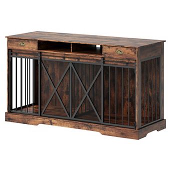 63 Inch Double Dog Crate Furniture, Removable Divider, Sliding Door, 2 Drawers for Medium Large Dogs