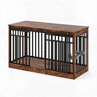 Modern Farmhouse Dog Crate,Sliding Door,Built-in Bowl,Dual Drawers&Media Shelf for Medium Large Dogs