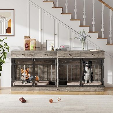 Multifunctional Double Dog Crate, 4 Drawers, 4 Doors & Feeding Bowl for Two Small Medium Dogs