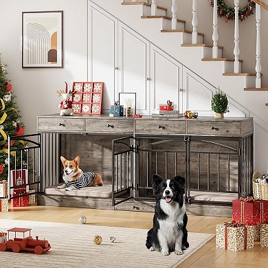 Multifunctional Double Dog Crate, 4 Drawers, 4 Doors & Feeding Bowl for Two Small Medium Dogs