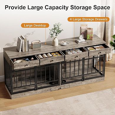 Multifunctional Double Dog Crate, 4 Drawers, 4 Doors & Feeding Bowl for Two Small Medium Dogs