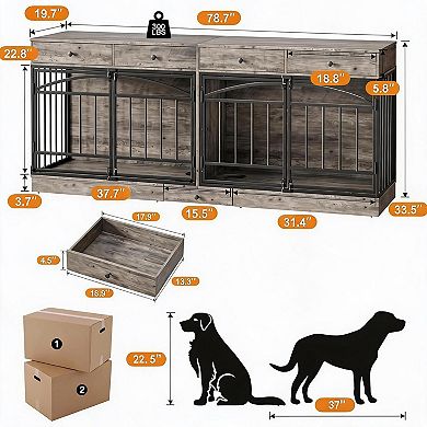 Multifunctional Double Dog Crate, 4 Drawers, 4 Doors & Feeding Bowl for Two Small Medium Dogs