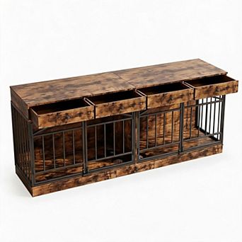 Multifunctional Double Dog Crate, 4 Drawers, 4 Doors & Feeding Bowl for Two Small Medium Dogs