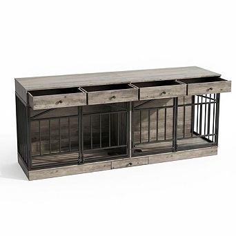 Multifunctional Double Dog Crate, 4 Drawers, 4 Doors & Feeding Bowl for Two Small Medium Dogs