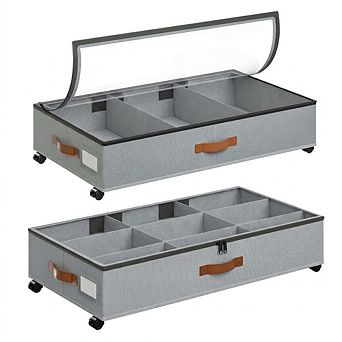 2 Pack Rolling Under Bed Storage Bins with Wheels, Dividers & Clear Top, 66lb Capacity, Grey