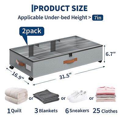 2 Pack Rolling Under Bed Storage Bins with Wheels, Dividers & Clear Top, 66lb Capacity, Grey