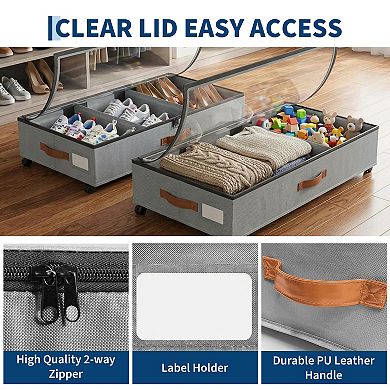 2 Pack Rolling Under Bed Storage Bins with Wheels, Dividers & Clear Top, 66lb Capacity, Grey