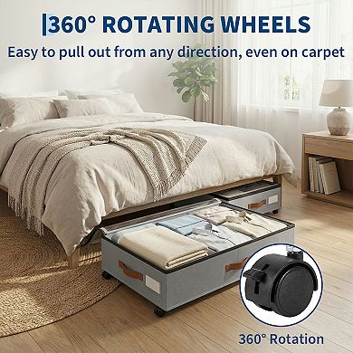 2 Pack Rolling Under Bed Storage Bins with Wheels, Dividers & Clear Top, 66lb Capacity, Grey