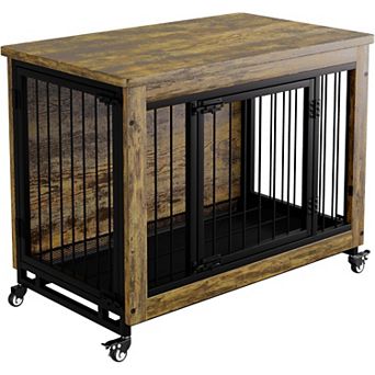 38.6 Inch Wooden Dog Crate Furniture,3 Doors, Lockable Wheels & Removable Tray for Small Medium Dogs