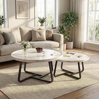 Modern 2pcs Nesting Coffee Tables Set Round Center Table with Metal Frame