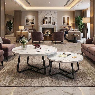Modern 2pcs Nesting Coffee Tables Set Round Center Table with Metal Frame