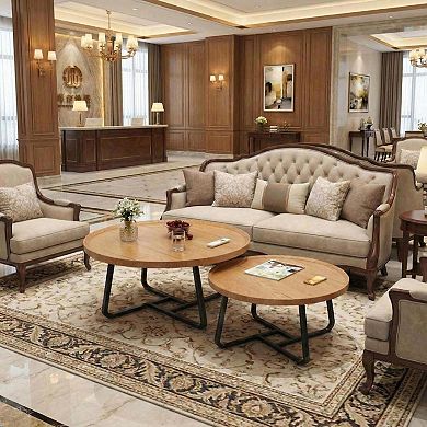 Modern 2pcs Nesting Coffee Tables Set Round Center Table with Metal Frame