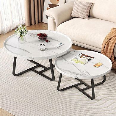 Modern 2pcs Nesting Coffee Tables Set Round Center Table with Metal Frame