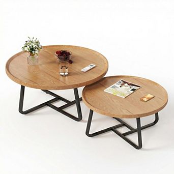 Modern 2 pc Nesting Coffee Tables Set Round Center Table with Metal Frame