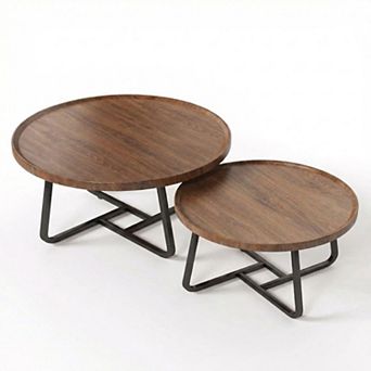Modern 2 pc Nesting Coffee Tables Set Round Center Table with Metal Frame